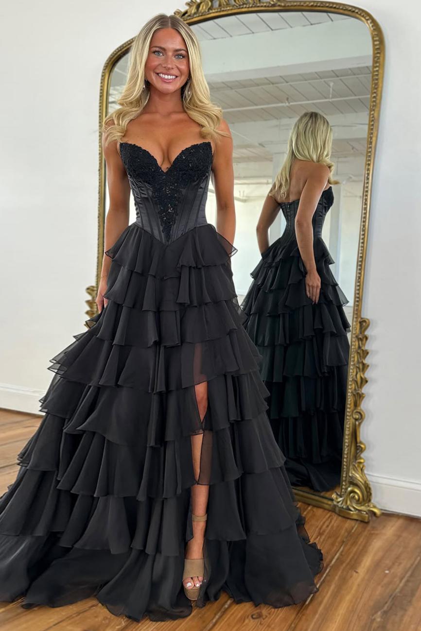 Dressystars Emerald Green Sweetheart Corset Prom Dress With Tiered Ruffles And High Slit Formal Evening Gown