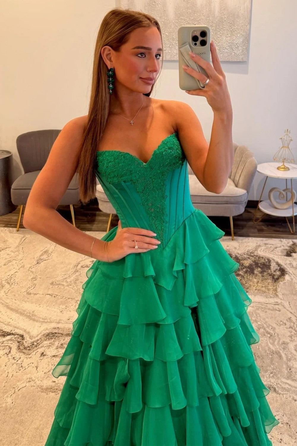 Dressystars Emerald Green Sweetheart Corset Prom Dress With Tiered Ruffles And High Slit Formal Evening Gown