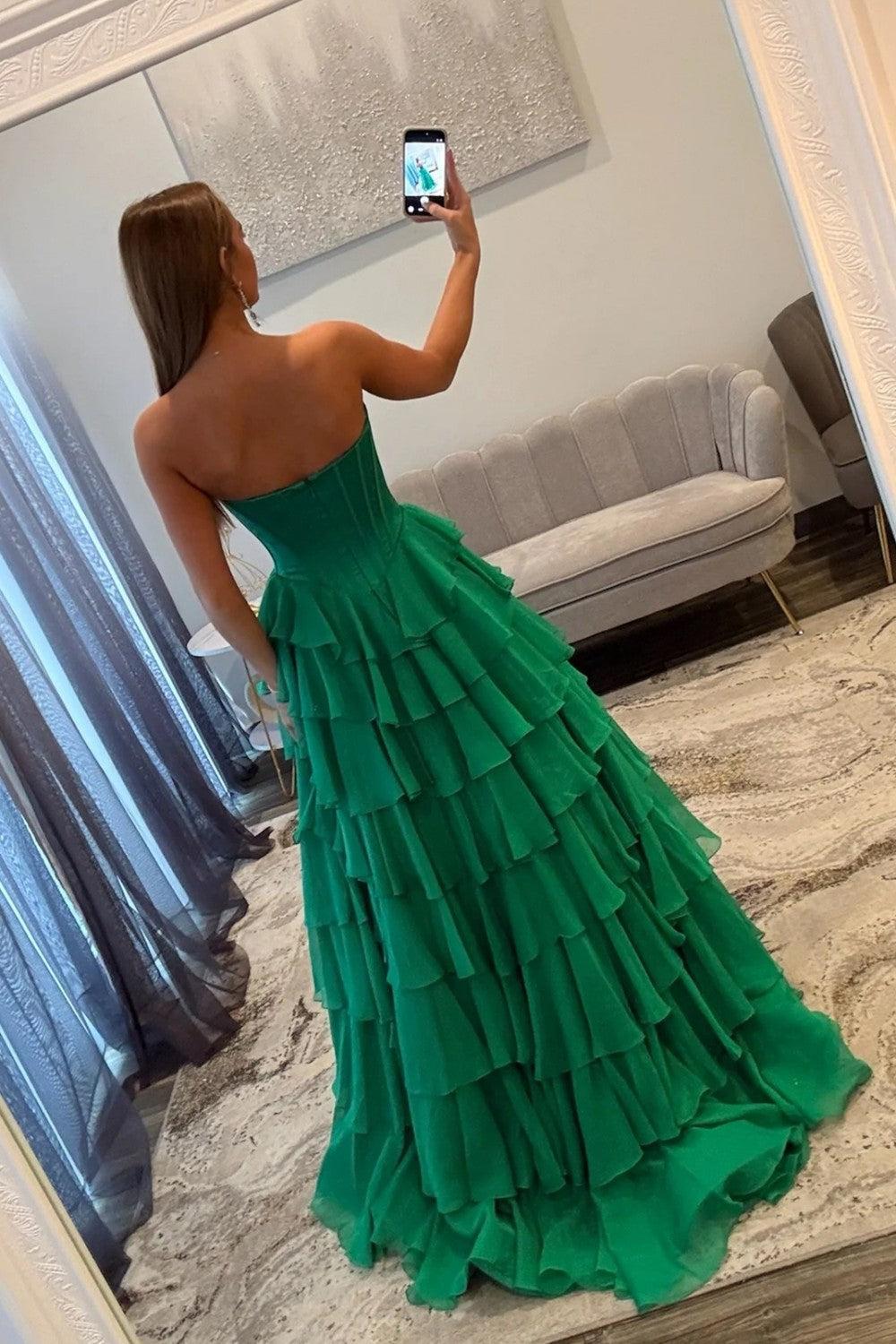 Dressystars Emerald Green Sweetheart Corset Prom Dress With Tiered Ruffles And High Slit Formal Evening Gown