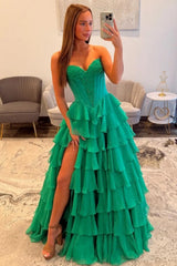 Dressystars Emerald Green Sweetheart Corset Prom Dress With Tiered Ruffles And High Slit Formal Evening Gown