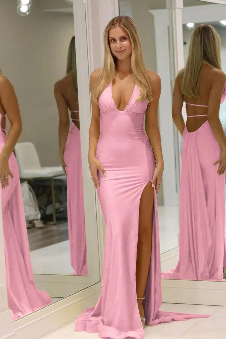 Dressystars Fashion Forward Deep V-Neck Mermaid Style With Flowing Satin And Slit Prom Dress Formal Evening Gown