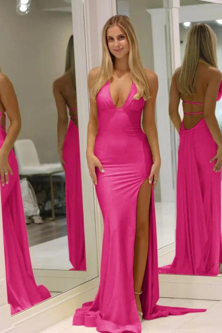 Dressystars Fashion Forward Deep V-Neck Mermaid Style With Flowing Satin And Slit Prom Dress Formal Evening Gown