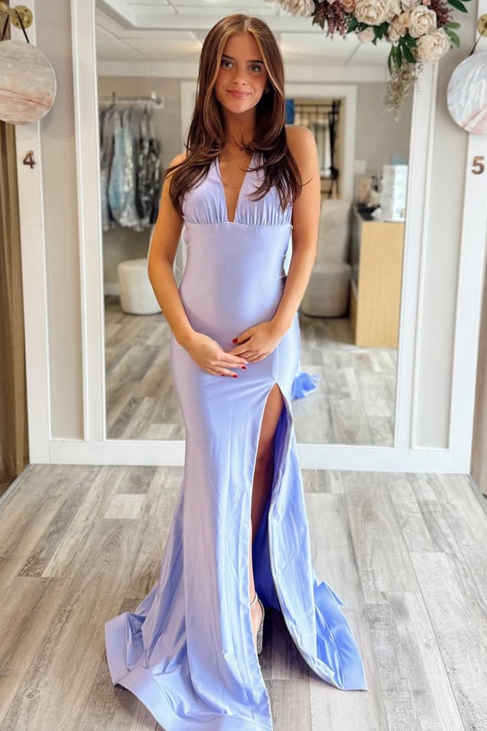 Dressystars Fashion Forward Deep V-Neck Mermaid Style With Flowing Satin And Slit Prom Dress Formal Evening Gown
