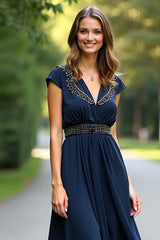Dressystars Floor Length Beaded Navy Wedding Guest Dress A Line Formal Dress With Cape Sleeves