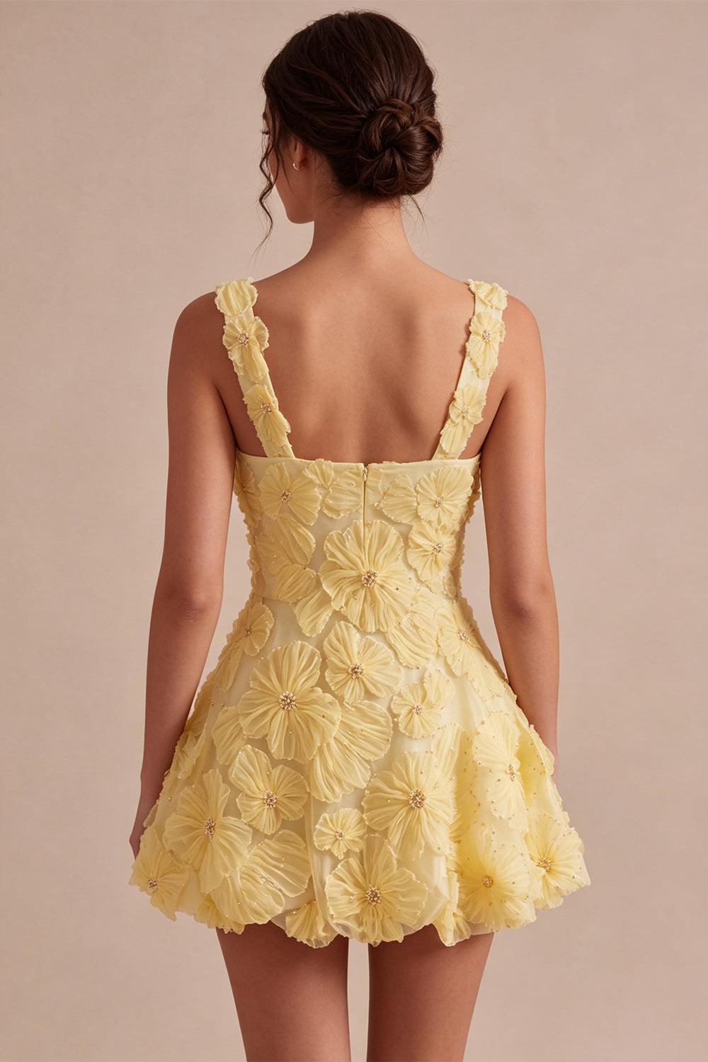 Dressystars Floral A Line Beaded Light Yellow Bubble Short Homecoming Dress