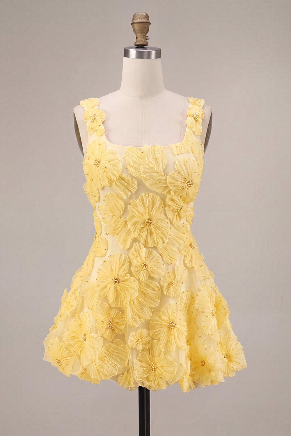 Dressystars Floral A Line Beaded Light Yellow Bubble Short Homecoming Dress