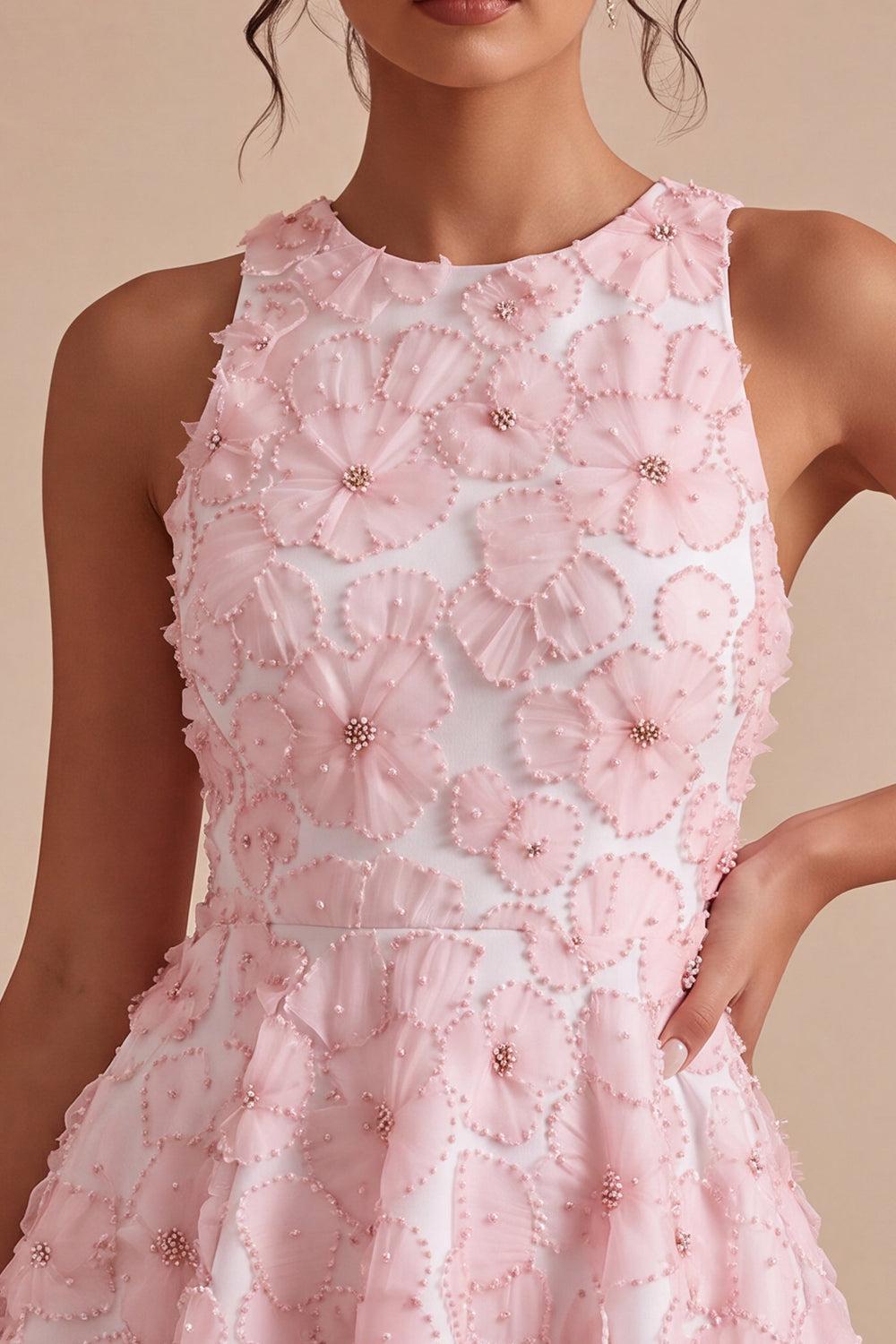 Dressystars Floral Beaded Pink A Line Round Neck Short Homecoming Dress