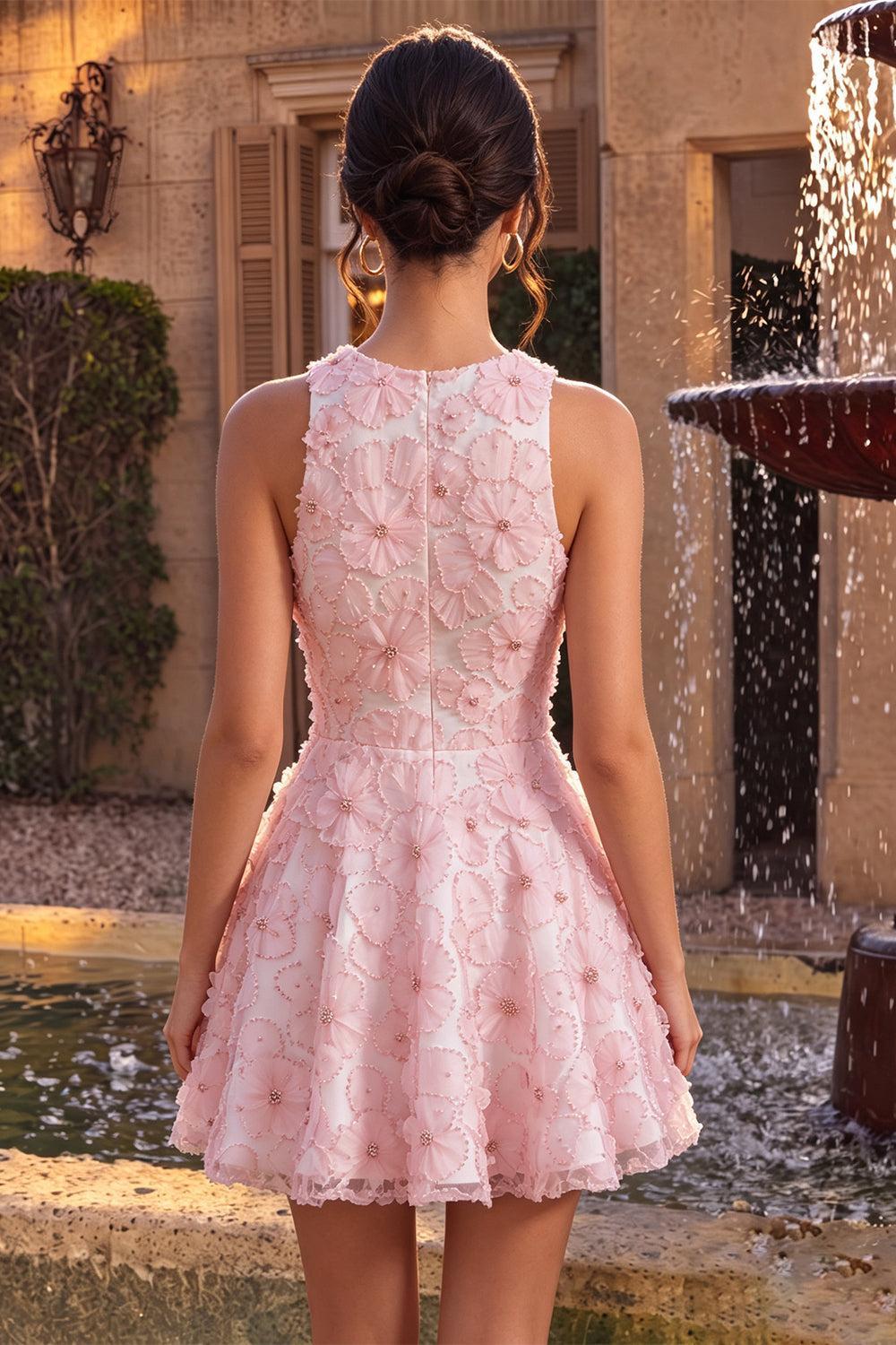Dressystars Floral Beaded Pink A Line Round Neck Short Homecoming Dress