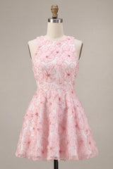 Dressystars Floral Beaded Pink A Line Round Neck Short Homecoming Dress