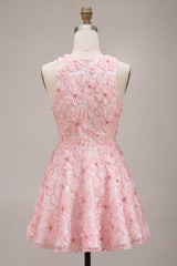 Dressystars Floral Beaded Pink A Line Round Neck Short Homecoming Dress