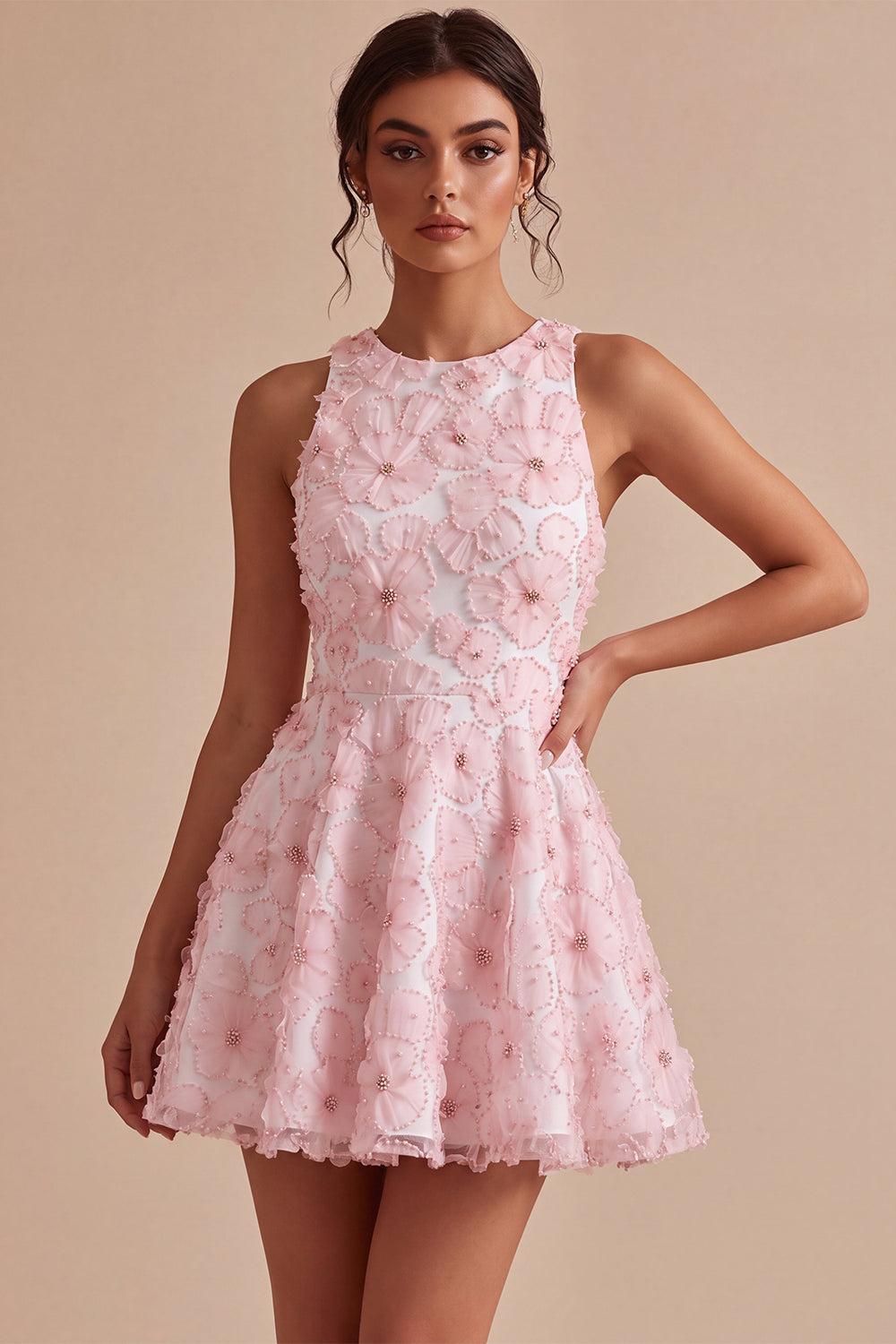 Dressystars Floral Beaded Pink A Line Round Neck Short Homecoming Dress