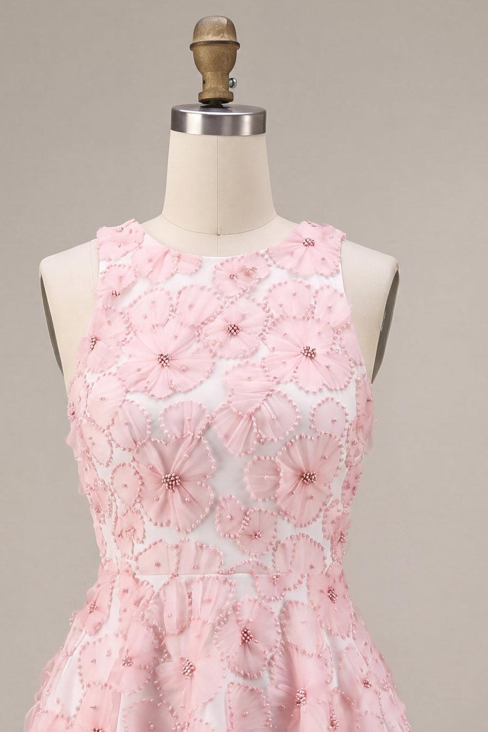 Dressystars Floral Beaded Pink A Line Round Neck Short Homecoming Dress