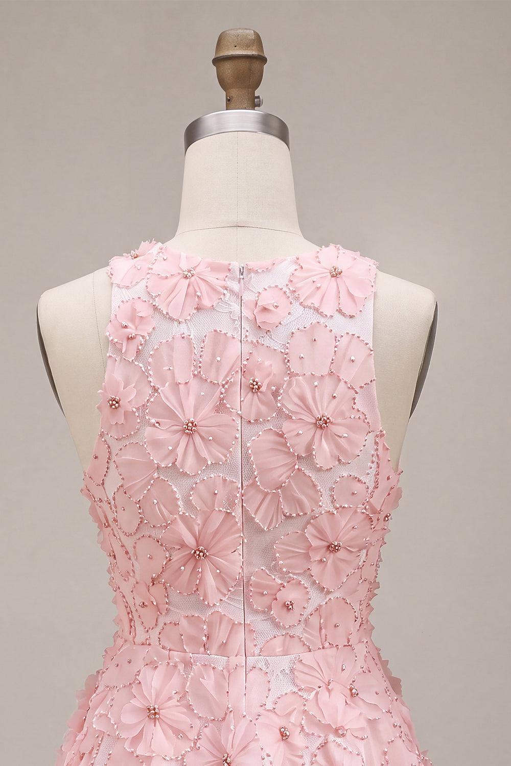 Dressystars Floral Beaded Pink A Line Round Neck Short Homecoming Dress