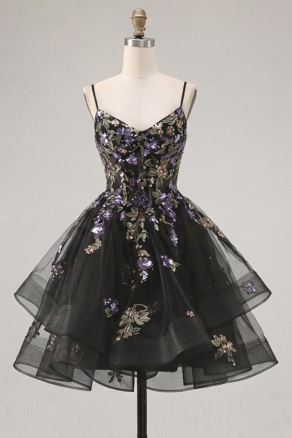 Dressystars Floral Black A-Line Ruffled Short Corset Homecoming Dress
