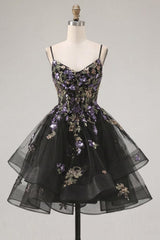 Dressystars Floral Black A-Line Ruffled Short Corset Homecoming Dress