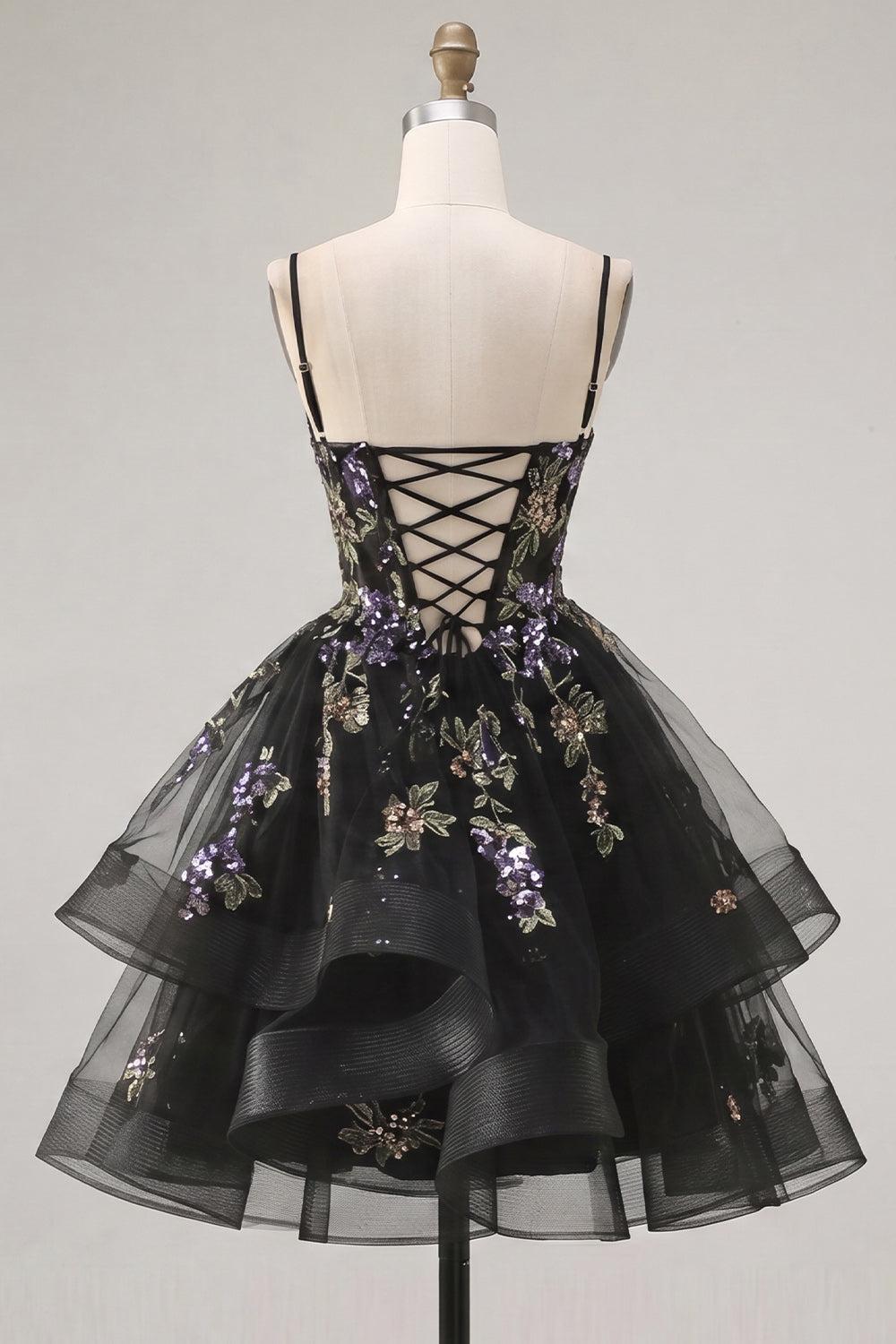Dressystars Floral Black A-Line Ruffled Short Corset Homecoming Dress