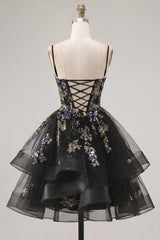 Dressystars Floral Black A-Line Ruffled Short Corset Homecoming Dress