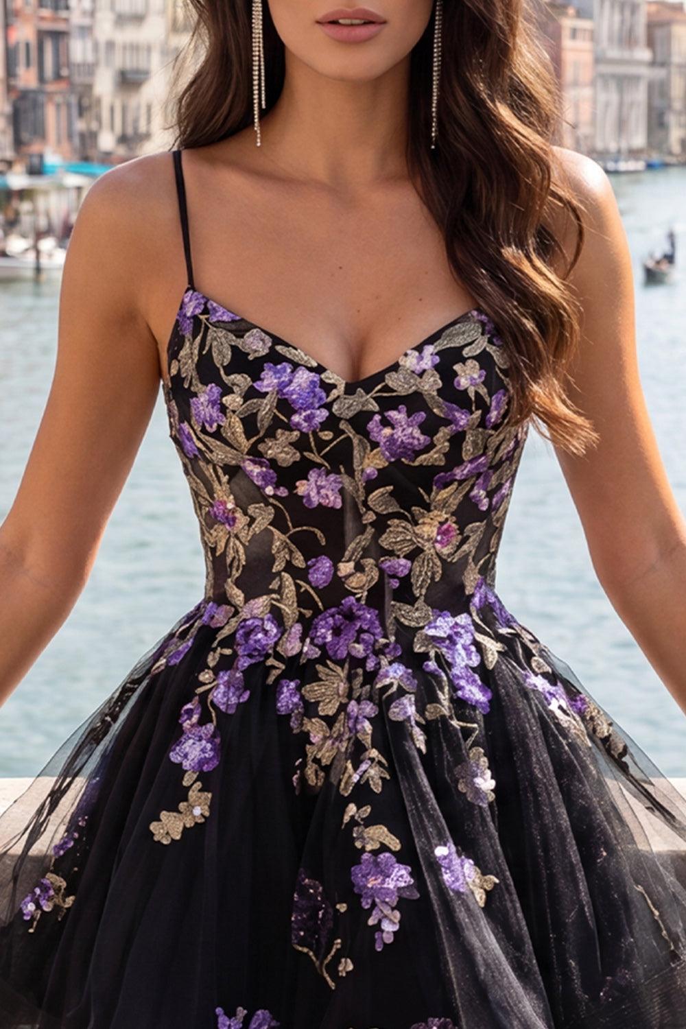 Dressystars Floral Black A-Line Ruffled Short Corset Homecoming Dress
