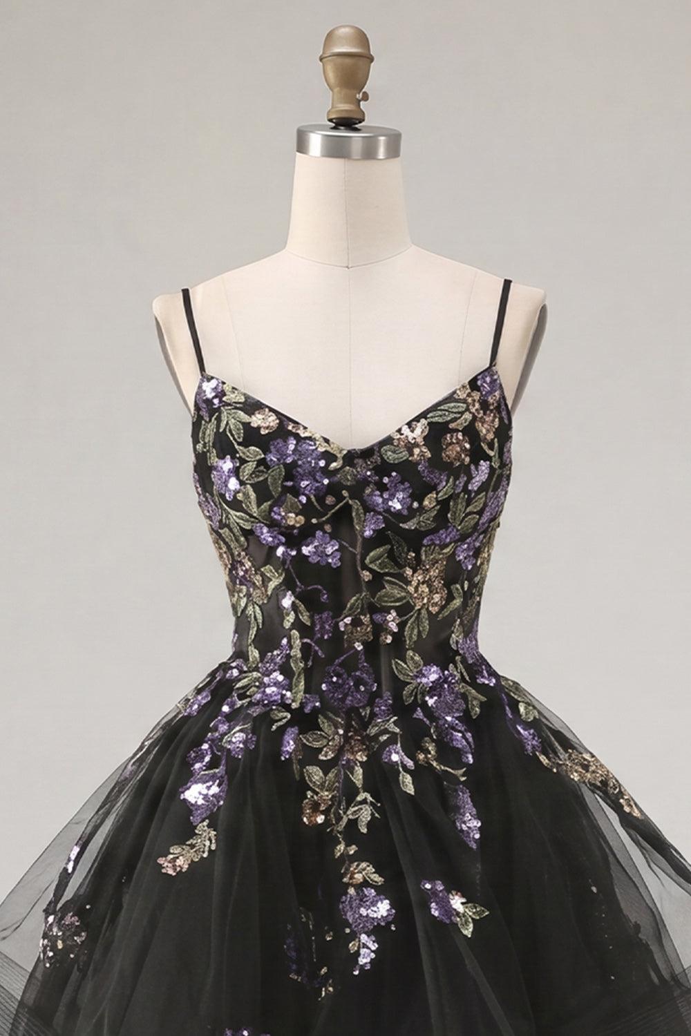 Dressystars Floral Black A-Line Ruffled Short Corset Homecoming Dress