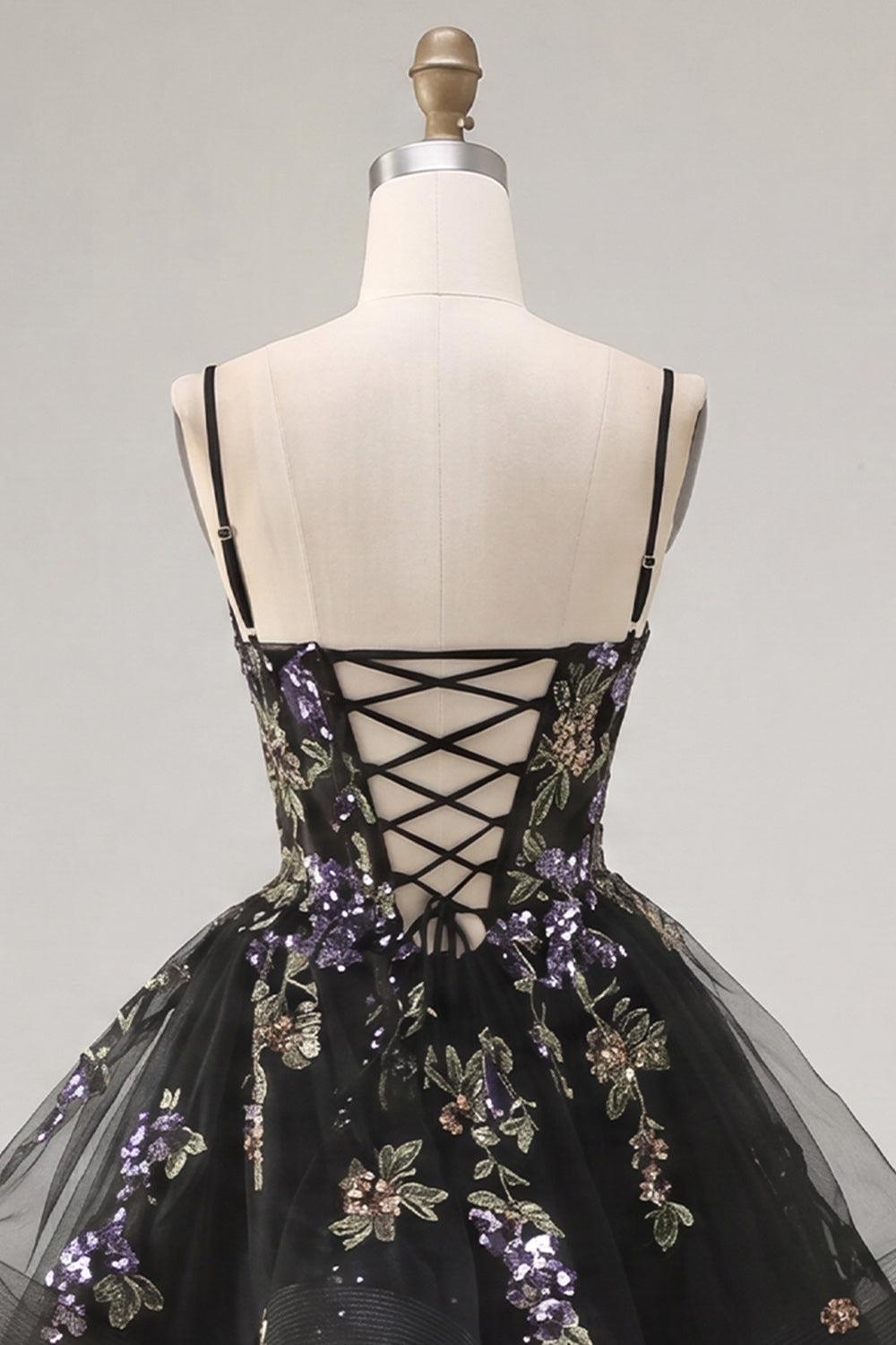 Dressystars Floral Black A-Line Ruffled Short Corset Homecoming Dress