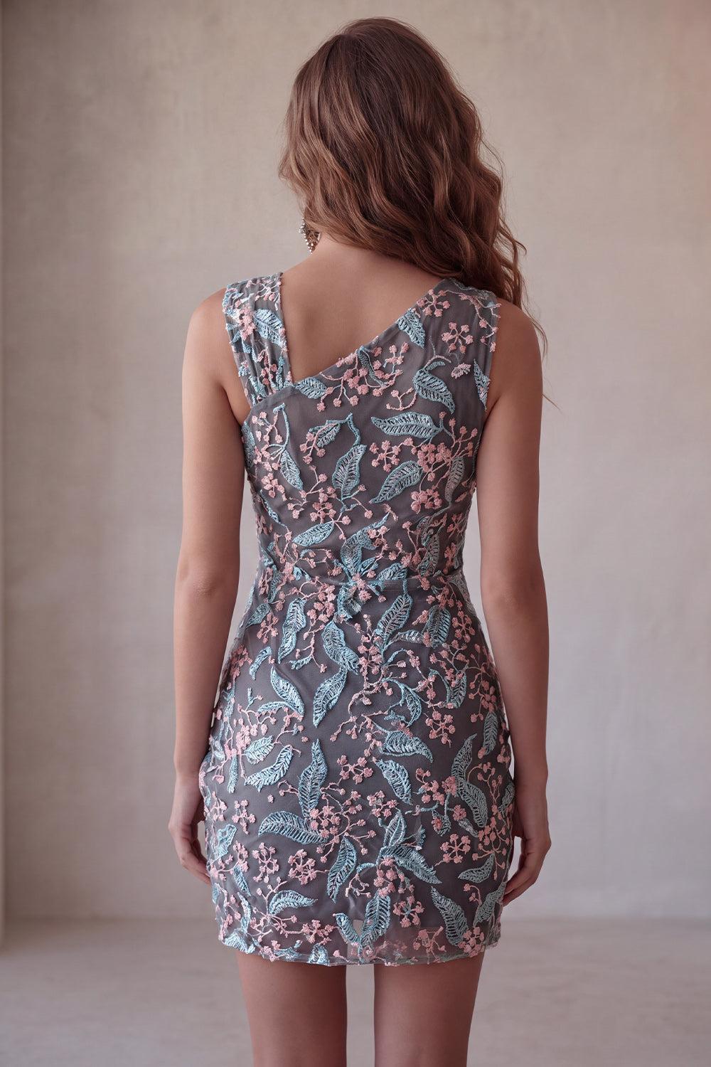 Dressystars Floral Black Ruched Tight Short Homecoming Dress with Rhinestone