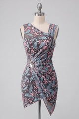 Dressystars Floral Black Ruched Tight Short Homecoming Dress with Rhinestone