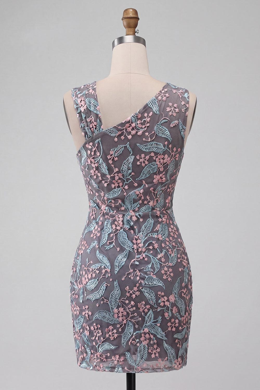 Dressystars Floral Black Ruched Tight Short Homecoming Dress with Rhinestone