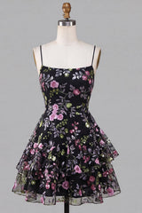 Dressystars Floral Black Ruffled A Line Tiered Short Homecoming Dress