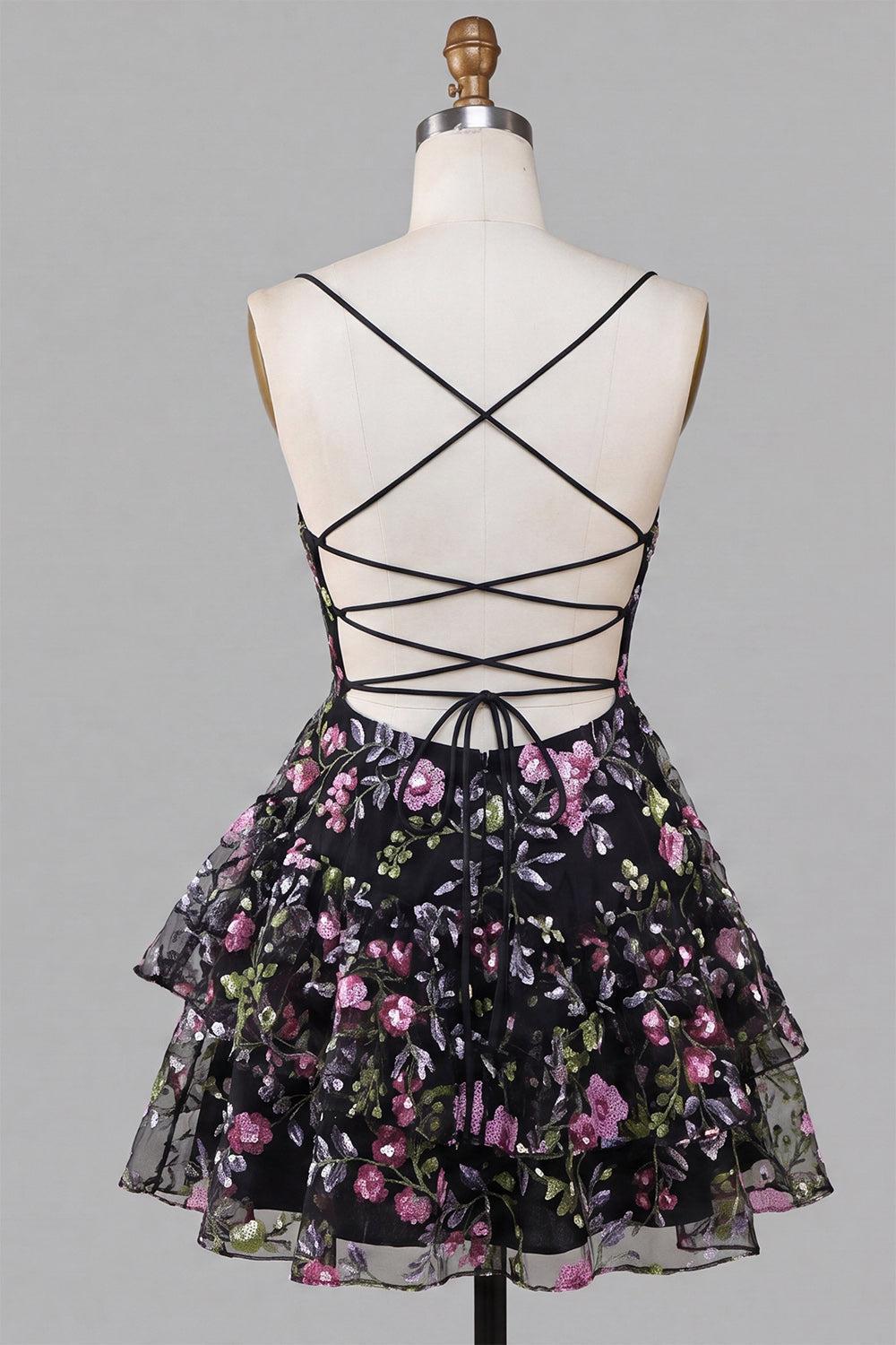 Dressystars Floral Black Ruffled A Line Tiered Short Homecoming Dress