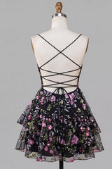 Dressystars Floral Black Ruffled A Line Tiered Short Homecoming Dress
