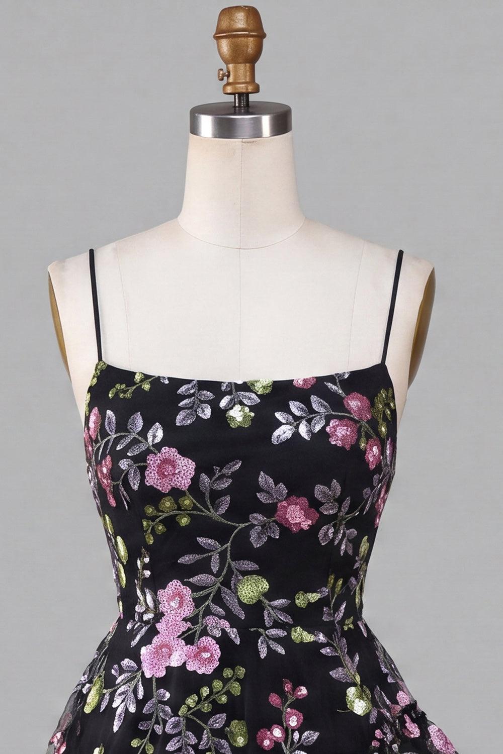 Dressystars Floral Black Ruffled A Line Tiered Short Homecoming Dress