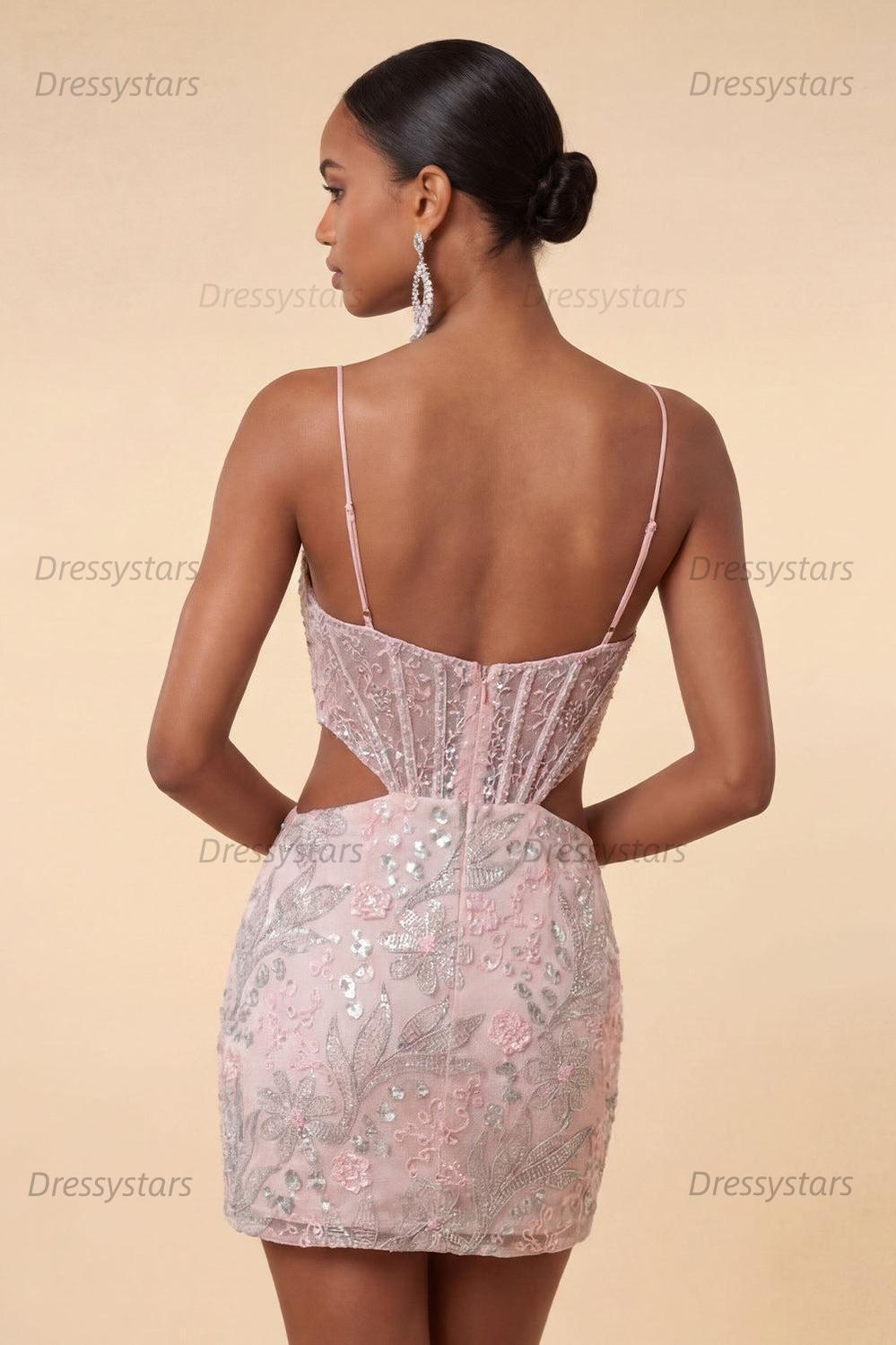 Dressystars Floral Blush Corset Tight Cut Out Short Homecoming Dress