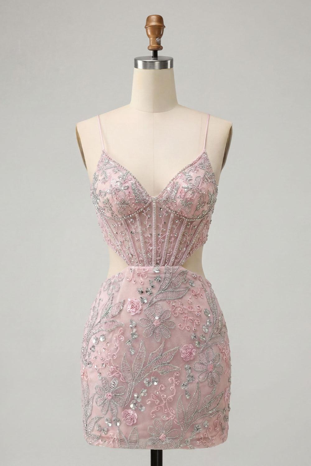 Dressystars Floral Blush Corset Tight Cut Out Short Homecoming Dress