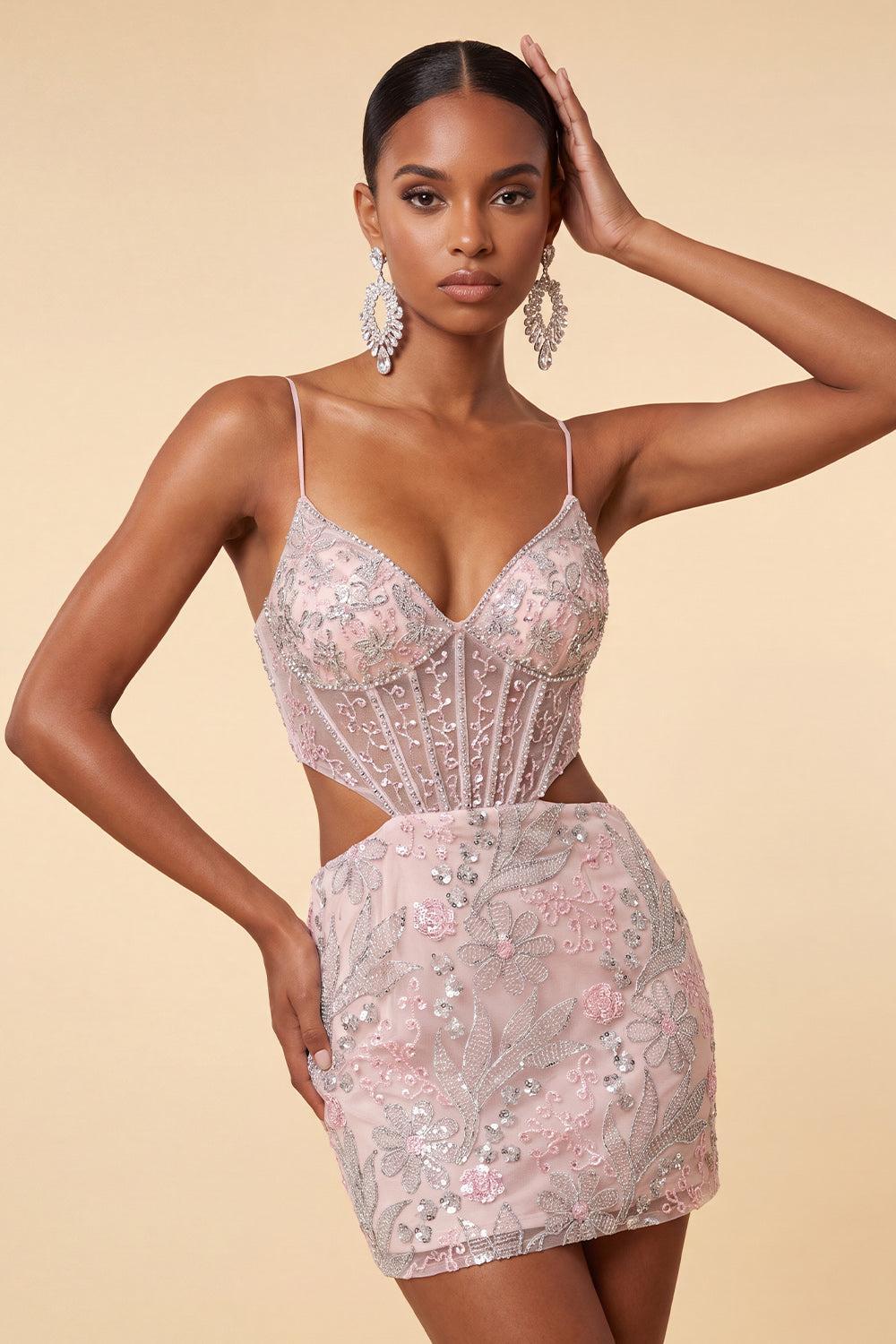Dressystars Floral Blush Corset Tight Cut Out Short Homecoming Dress