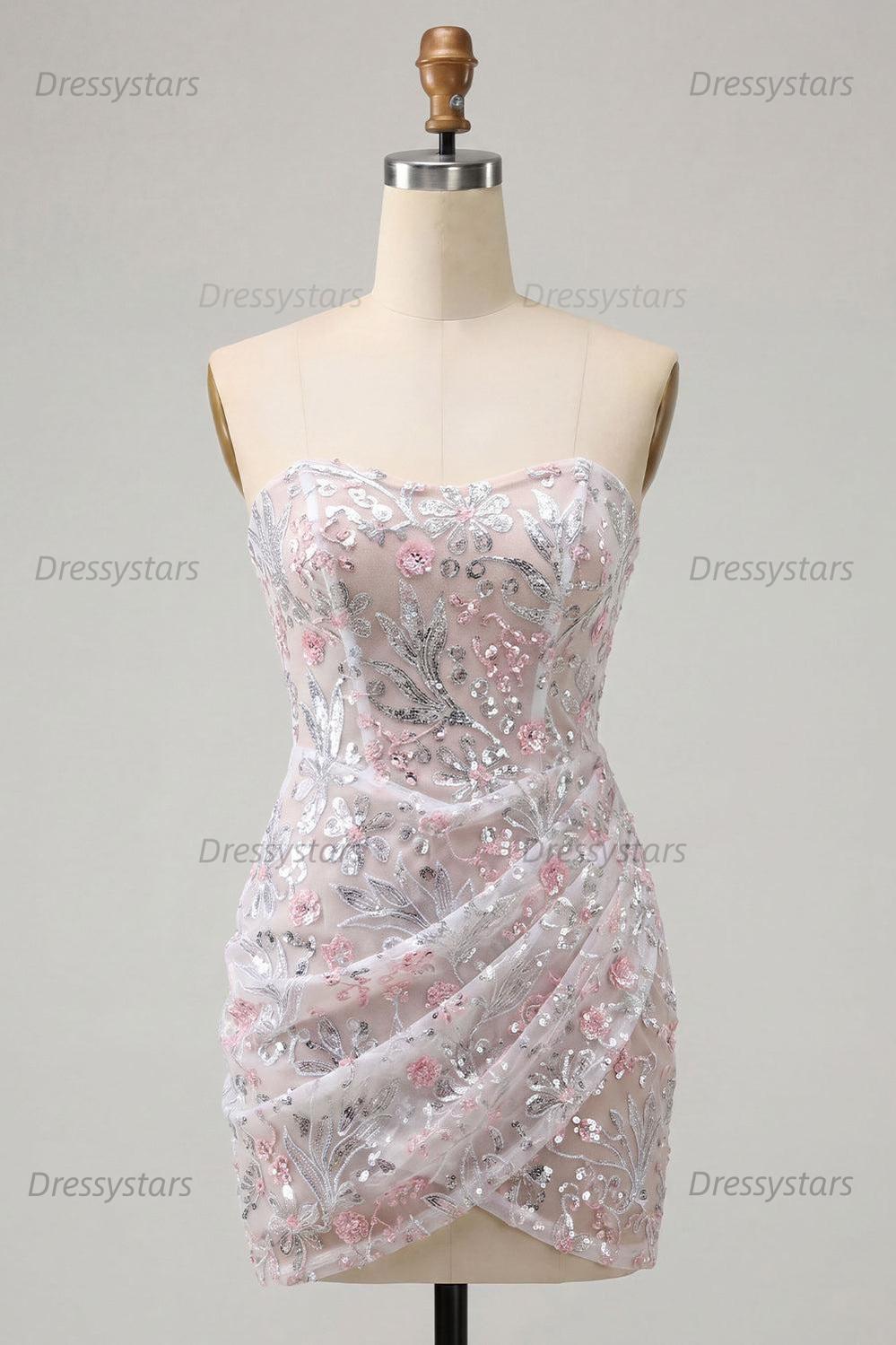 Dressystars Floral Blush Corset Tight Ruched Sequins Short Homecoming Dress