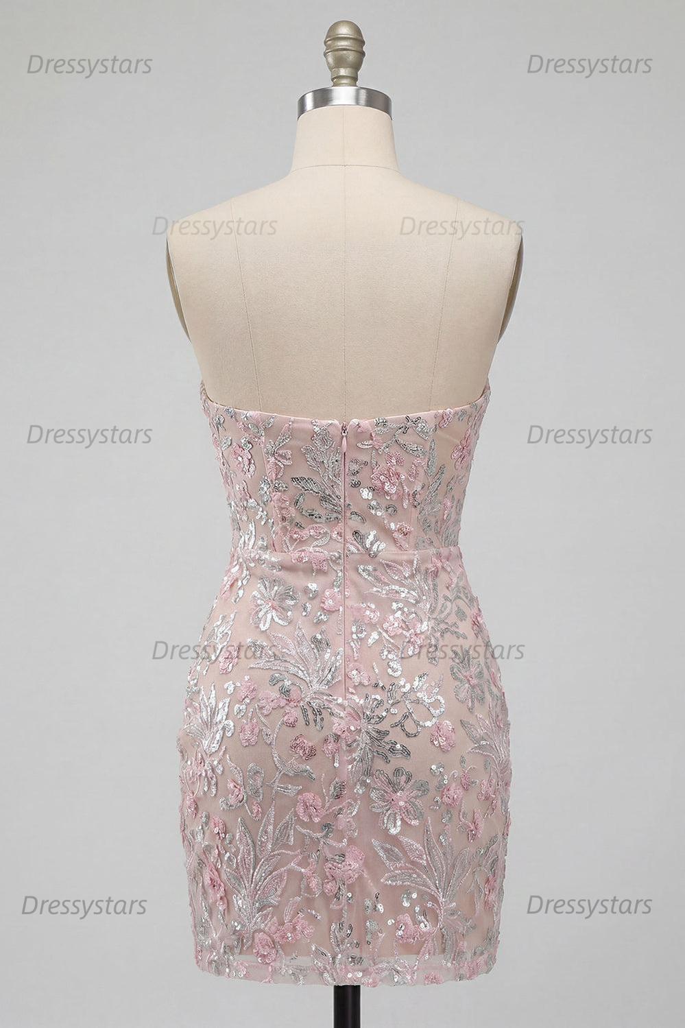 Dressystars Floral Blush Corset Tight Ruched Sequins Short Homecoming Dress