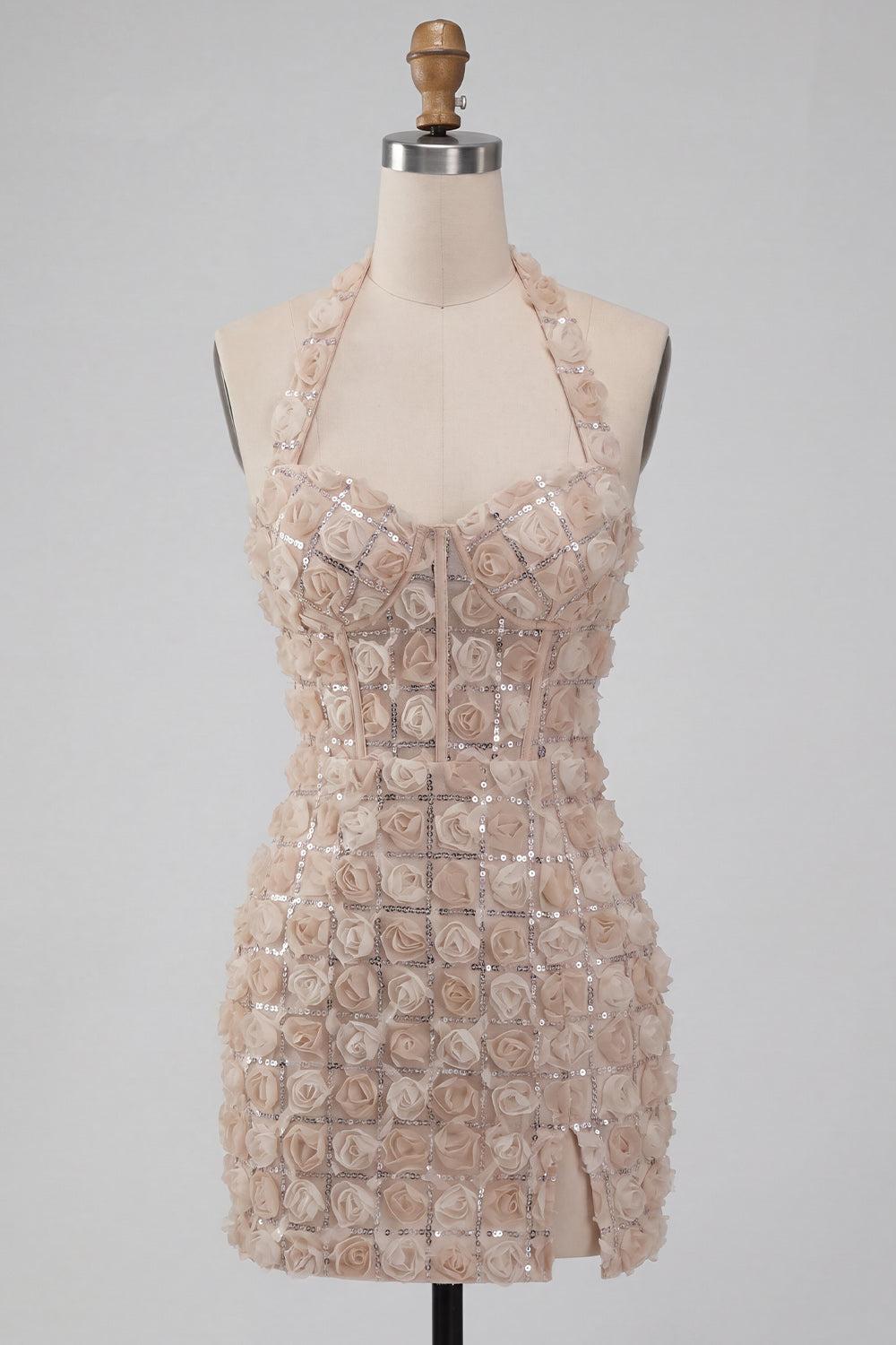 Dressystars Floral Champagne Sequin Tight Short Corset Homecoming Dress