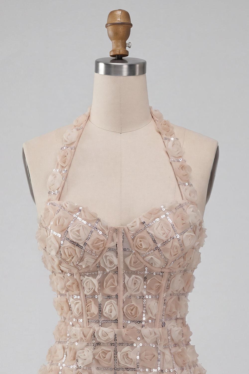 Dressystars Floral Champagne Sequin Tight Short Corset Homecoming Dress