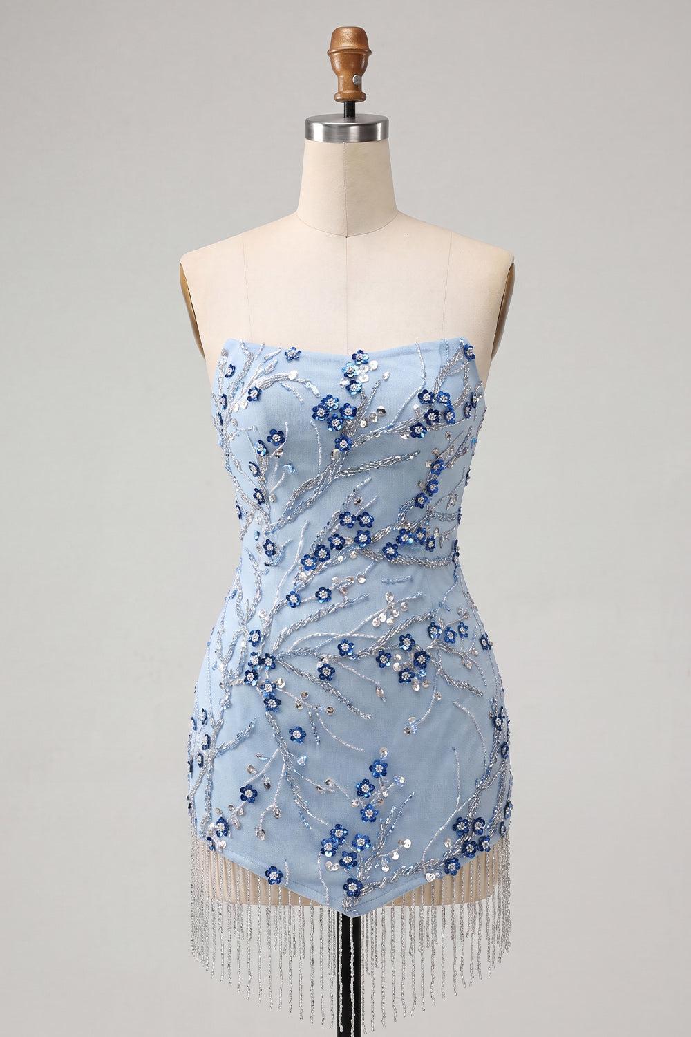Dressystars Floral Dusty Blue Tight Sequins Short Homecoming Dress with Fringes