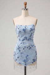 Dressystars Floral Dusty Blue Tight Sequins Short Homecoming Dress with Fringes