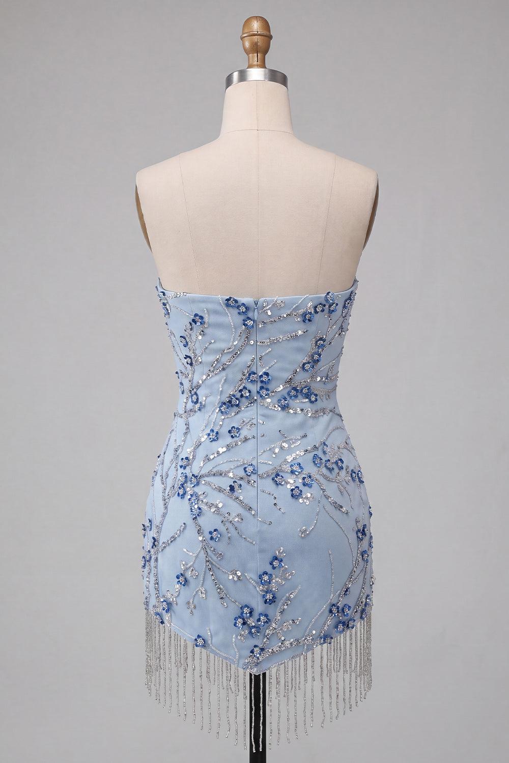 Dressystars Floral Dusty Blue Tight Sequins Short Homecoming Dress with Fringes