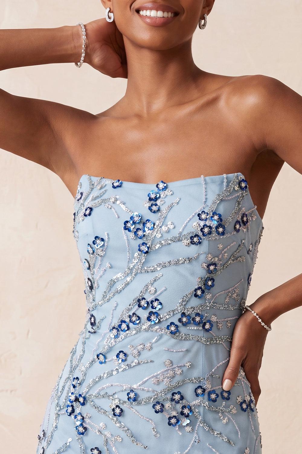 Dressystars Floral Dusty Blue Tight Sequins Short Homecoming Dress with Fringes
