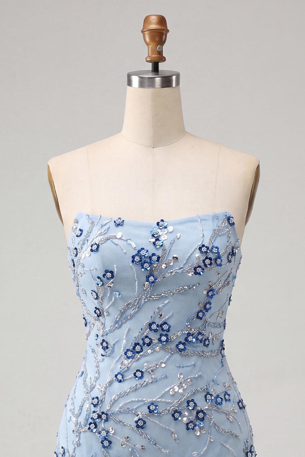 Dressystars Floral Dusty Blue Tight Sequins Short Homecoming Dress with Fringes