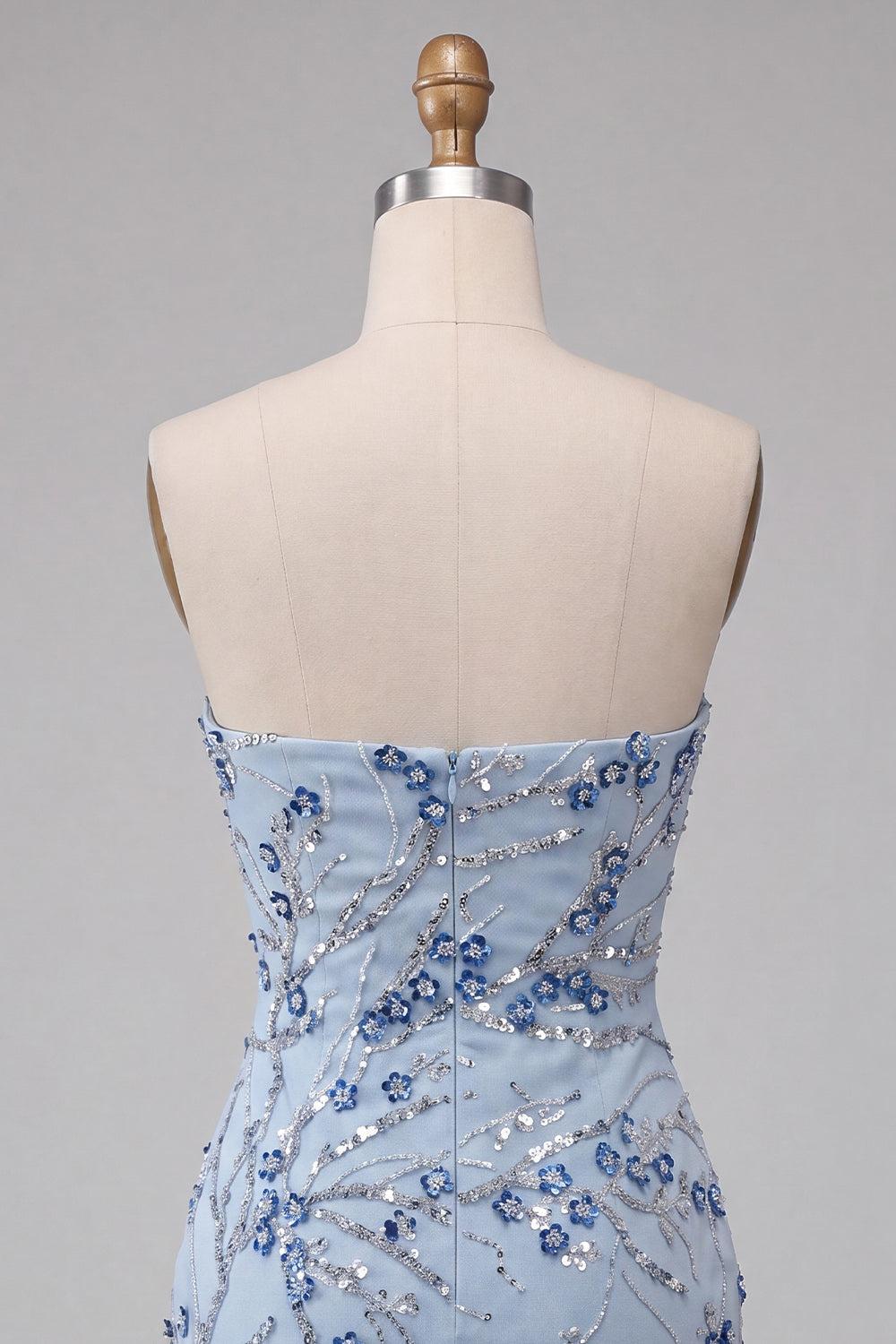 Dressystars Floral Dusty Blue Tight Sequins Short Homecoming Dress with Fringes