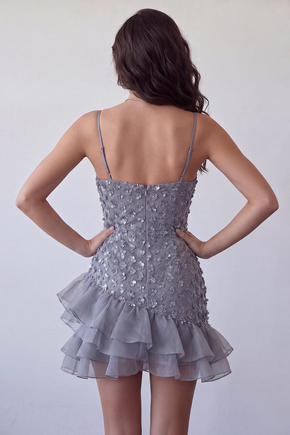 Dressystars Floral Dusty Lavender Sequin Tight Short Homecoming Dress with Ruffles