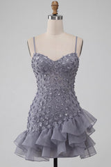 Dressystars Floral Dusty Lavender Sequin Tight Short Homecoming Dress with Ruffles