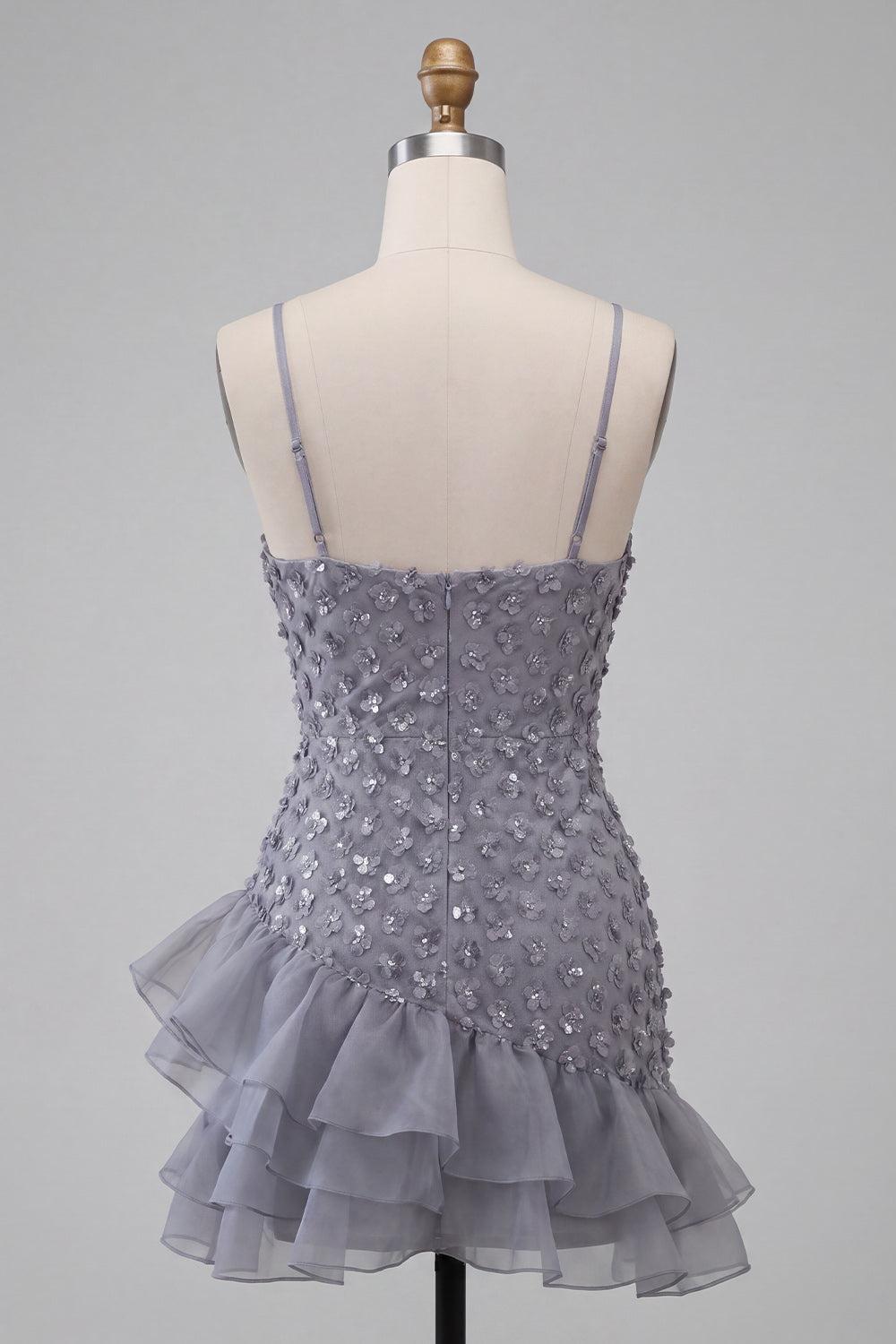 Dressystars Floral Dusty Lavender Sequin Tight Short Homecoming Dress with Ruffles