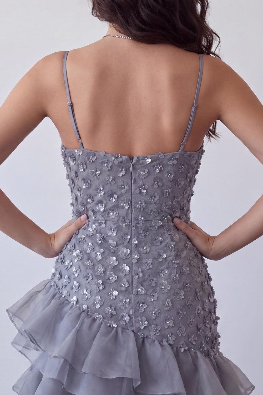 Dressystars Floral Dusty Lavender Sequin Tight Short Homecoming Dress with Ruffles