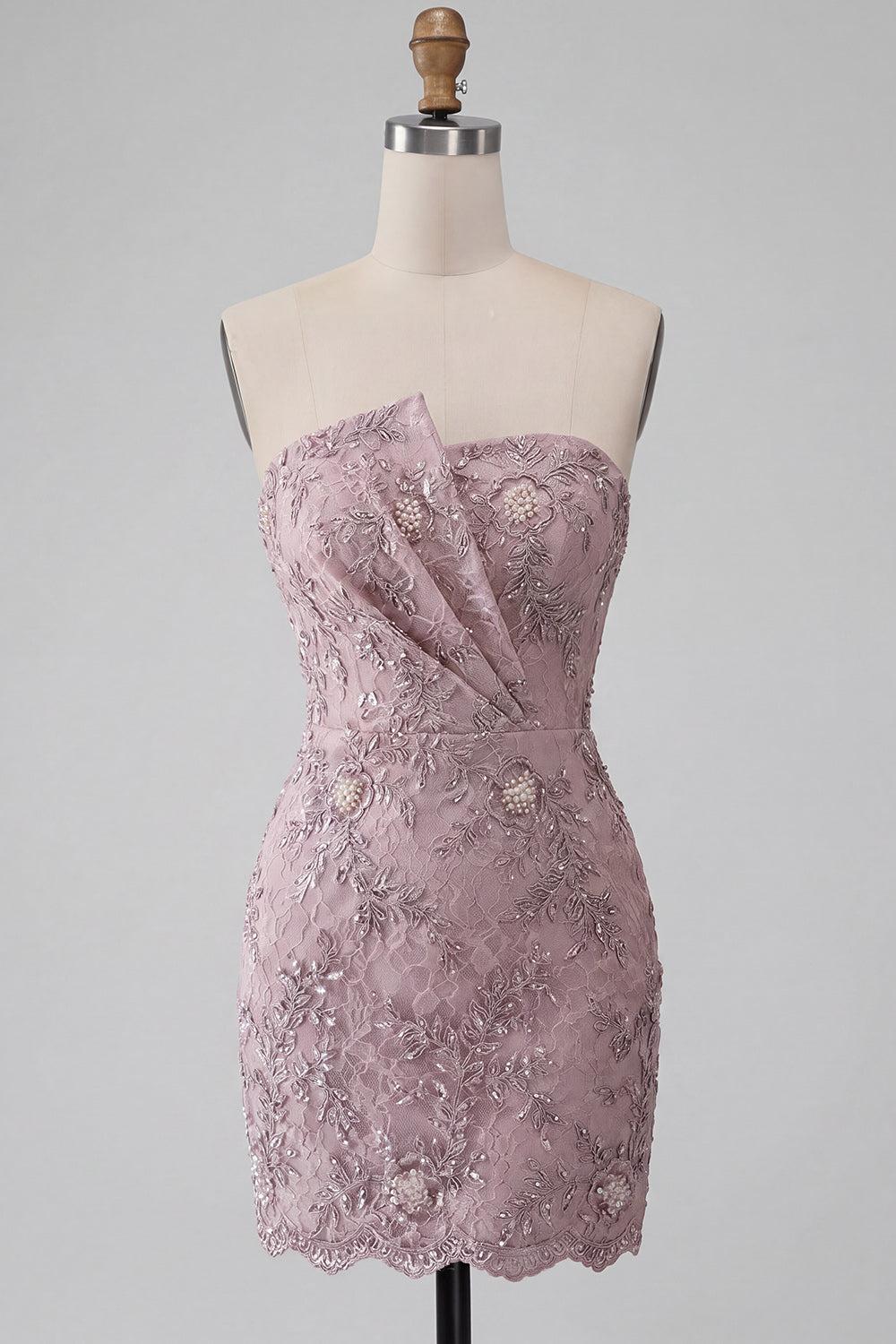 Dressystars Floral Fog Lace Strapless Tight Short Beaded Homecoming Dress
