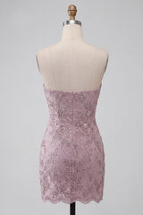 Dressystars Floral Fog Lace Strapless Tight Short Beaded Homecoming Dress
